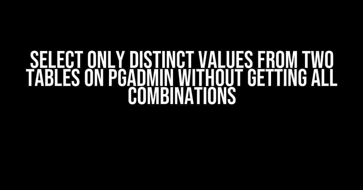 Select only distinct values from two tables on pgadmin without getting all combinations